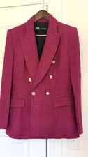 ZARA Fuchsia Boucl  Double Breasted Blazer Gold Buttons Size L   Never Worn