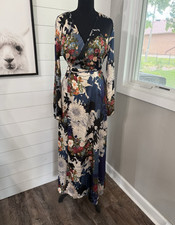 Lulus Navy Floral LongSleeve Wrap Maxi Dress Size M