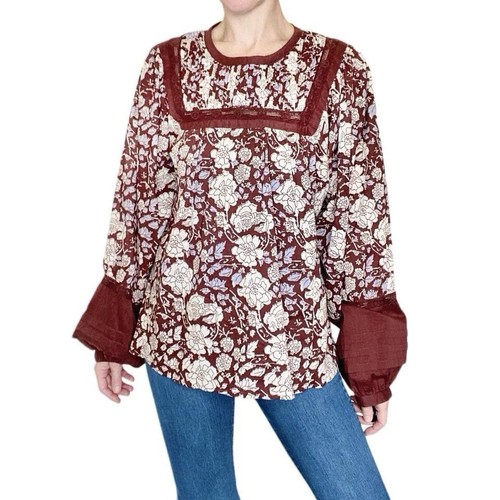 Cleobella Brown & White Floral Crochet Cottage Blouse