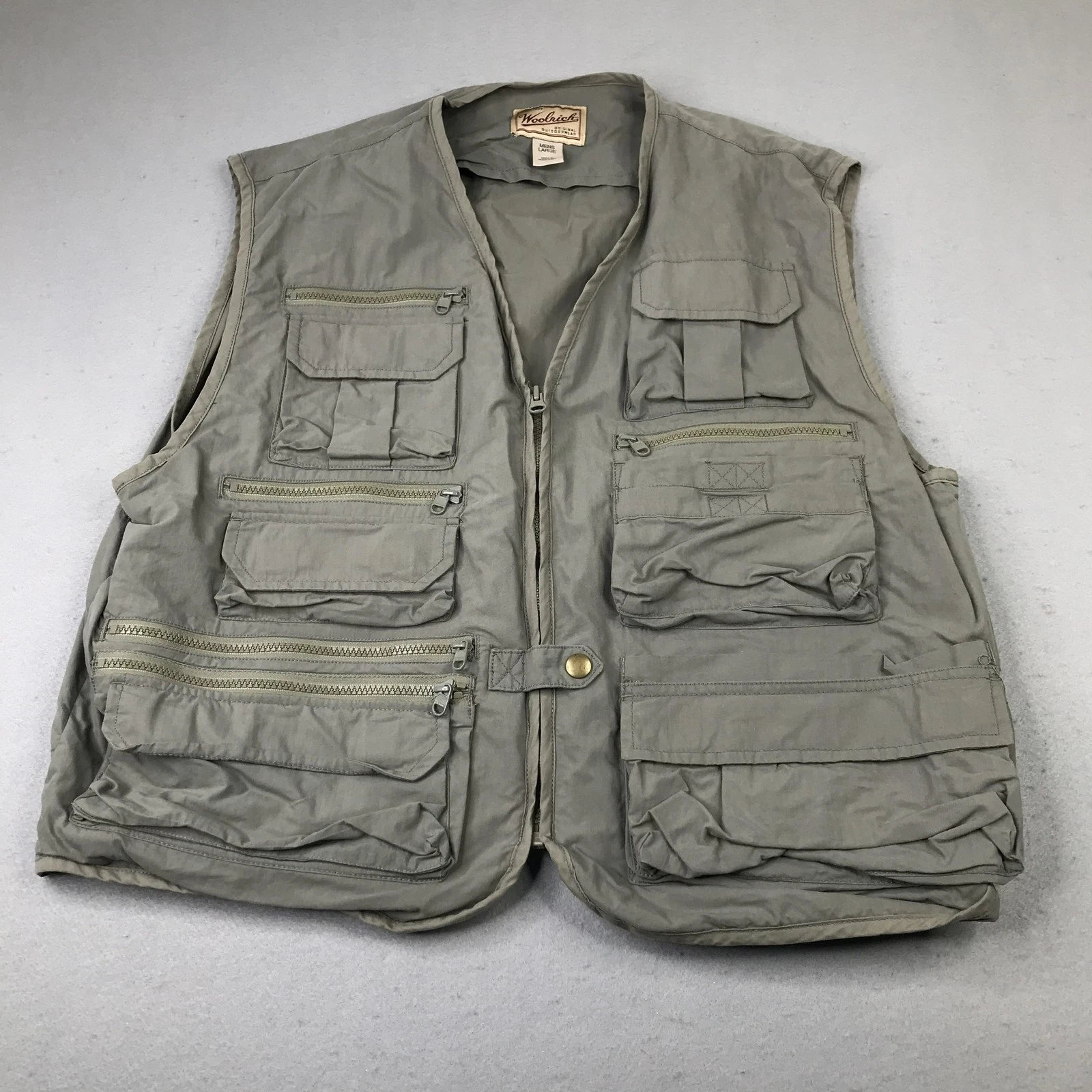 Vintage Woolrich Vest Mens Large Gray Fieldstone Utility Fishing Hunting Pockets