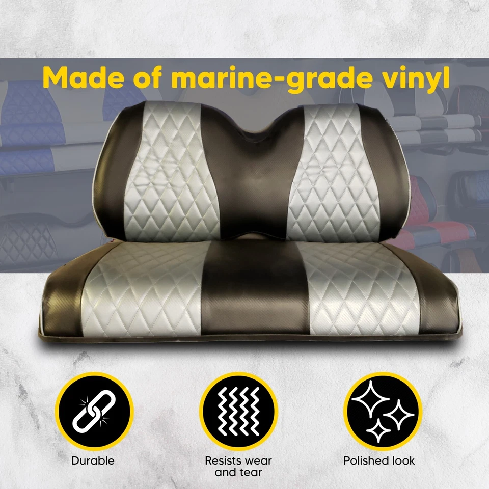 Club Car Seat Cover Diamond Full Set BLACK/SILVER Precedent Golf Cart 2004+, 4PC Foto 2 de 4