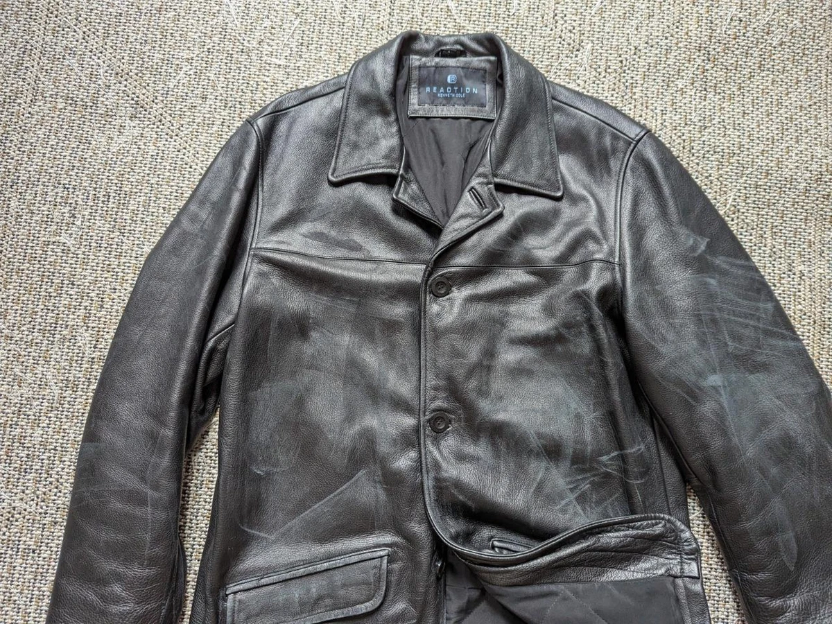 vintage 1990s heavy duty LEATHER car coat L black PATINA y2k KENNETH COLE  jacket