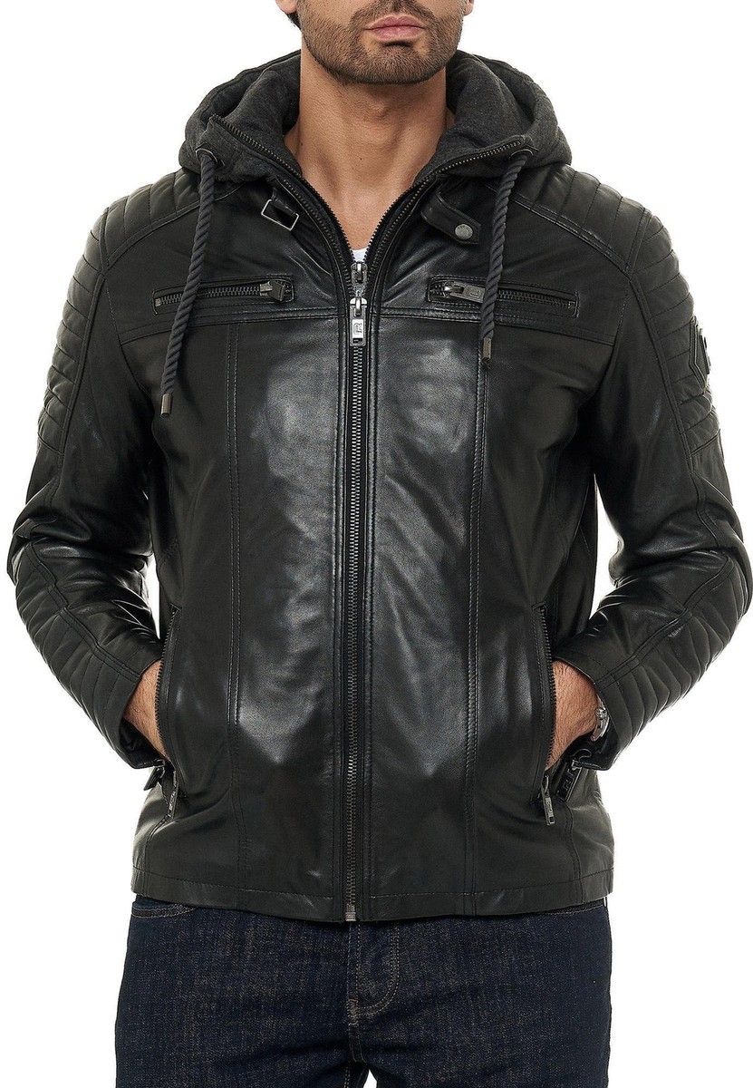 Redbridge Herren Lederjacke Echt-Leder Bikerjacke mit Sweat- Kapuze Two in  One
