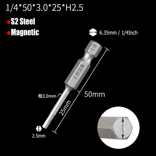 H0.9 to H14 Hexagon Magnetic Bit Socket Wrenches S2 Steel 1/4" for Hexagon Bolts - Picture 15 of 30