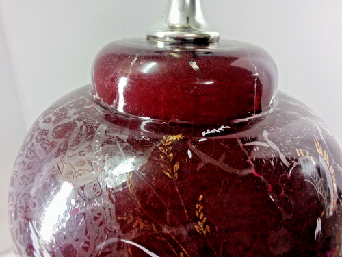 Vintage Ceramic & Brass Burgundy Ginger Jar Table Lamp Floral Design Crackle 17" - Picture 4 of 11