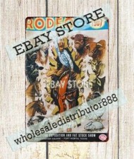1967 Fat Stock Show Texas vaquero caballo ganado rodeo metal hojalata letrero arte metálico