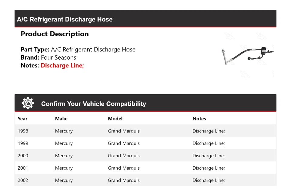 Manguera de descarga de refrigerante aire acondicionado Mercury Grand Marquis 1998-2002 4 estaciones Foto 2 de 4