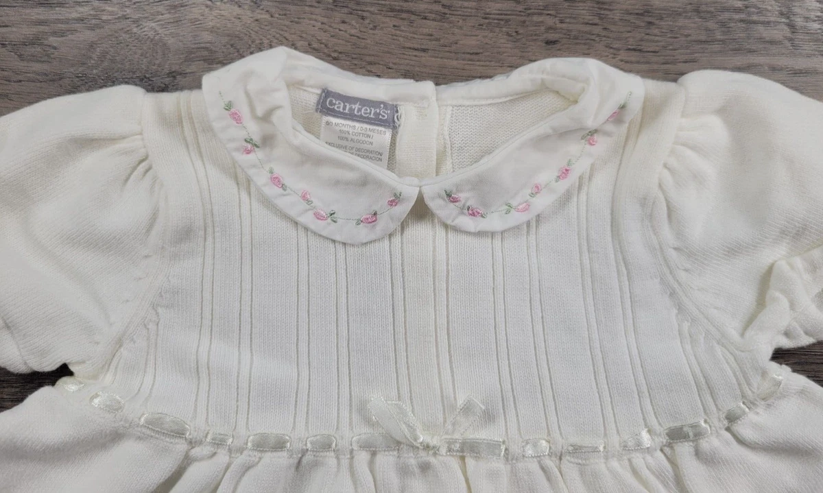 Baby Girl Clothes Vintage Carter s 0 3 Month White Knit Rose Bud