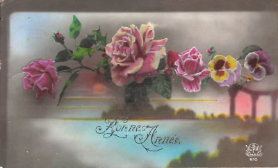CP BONNE ANNEE PAYSAGE LAC FLEURS ROSES PENSEES - 37538 - Photo 1/2