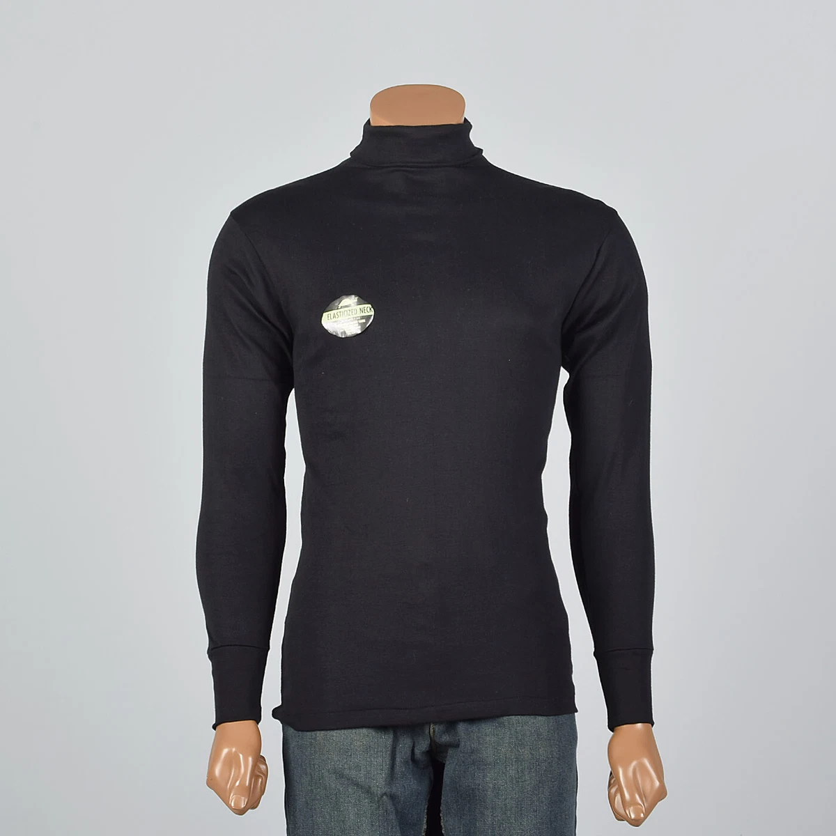 Small 1960s Mens Tight Black Loopwheel Knit Turtleneck Long Sleeve Shirt VTG
