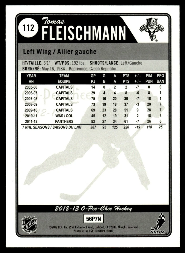 2012-13 O-Pee-Chee RAINBOW FOIL  Tomas Fleischmann Florida Panthers #112 - Image 2 of 2