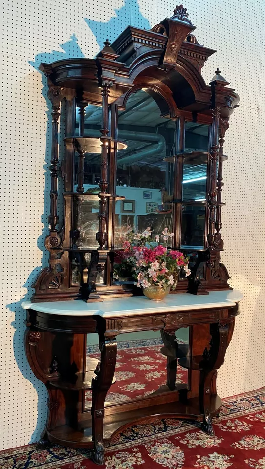 Consola de entrada americana antigua de 9' de alto renacimiento renacentista de palisandro Etagere 1860 Foto 2 de 4