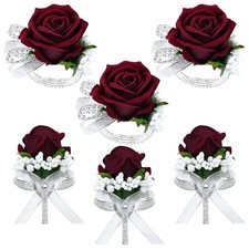 6Pcs Burgundy Corsage and Boutonniere Set, Artificial Rose Wrist Corsage Brac...