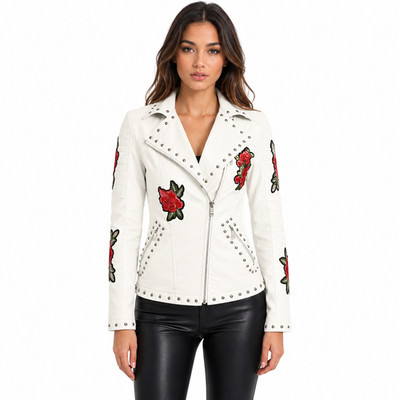 Leather Heights Women's White Genuine Leather Floral Studded Biker Moto Jacket .