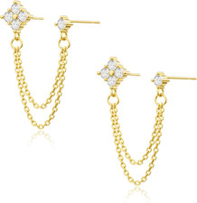 Gold Chain Studs Earrings for Women Trendy: Hypoallergenic 14K Gold Plated Dangl