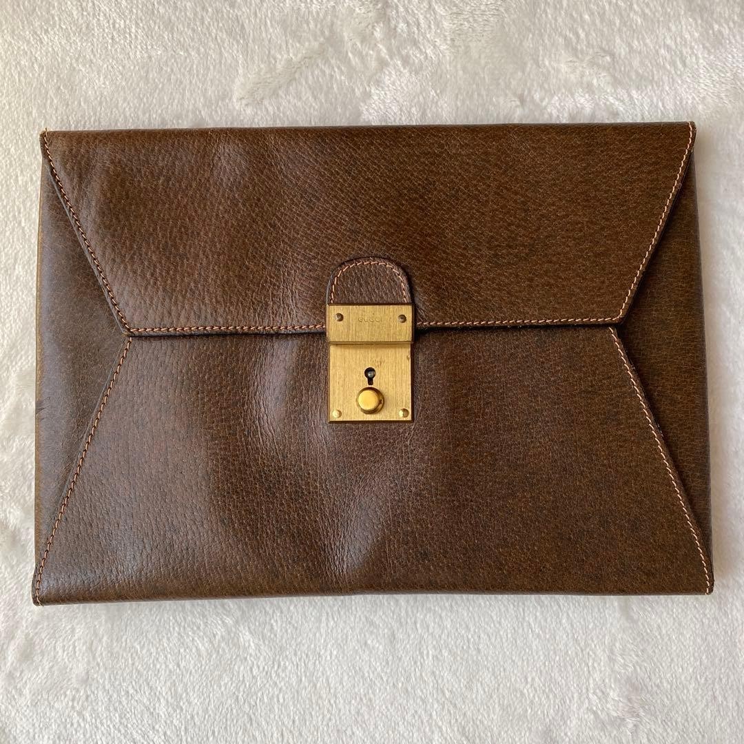 Gucci Vintage Brown Leather Clutch Bag with Gold Antique Lock Unisex Rare