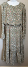 Calista Floral Midi Dress Womens Size Large Green Boho Long Sleeve Vintage Style