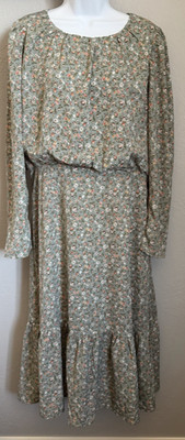 Calista Floral Midi Dress Womens Size Large Green Boho Long Sleeve Vintage Style