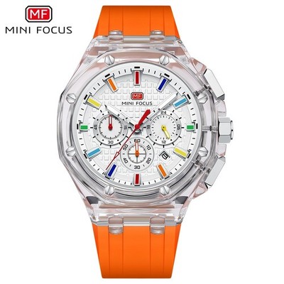 MINI FOCUS Men Transparent Case Multifunction Chronograph Calendar Quartz Watch