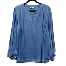 Nine West Blue V Neck Blouse Plus Size 1X Long Sleeve Pleated Front