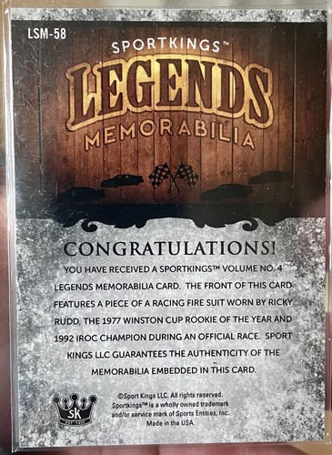 2023 Sportkings Volume 4 Legends Game Worn Materials Ricky Rudd #LSM-58 - Picture 2 of 2