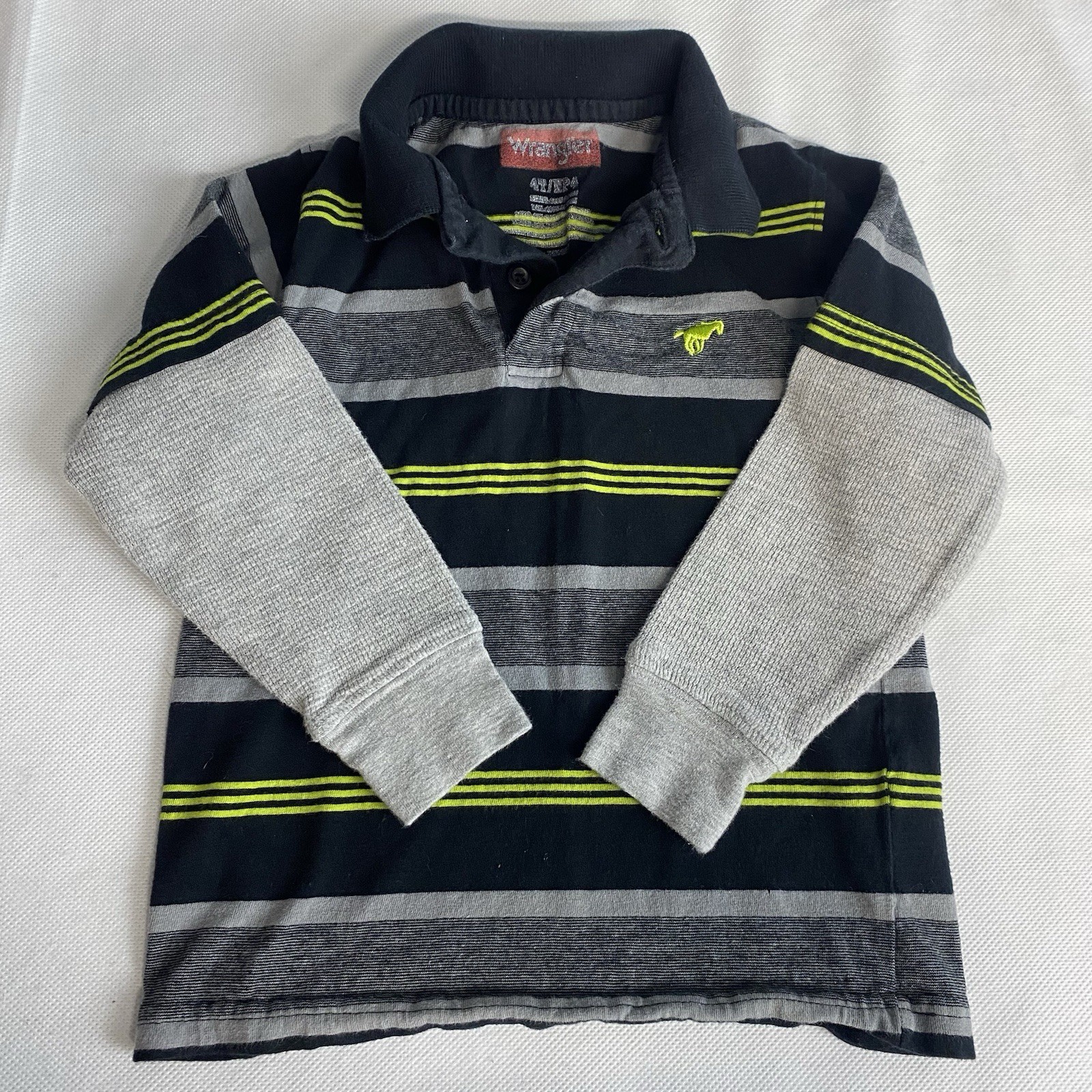 Vtg Wrangler Toddler Boys Sz 4T Long Sleeve Polo Shirt Black Gray Green Striped