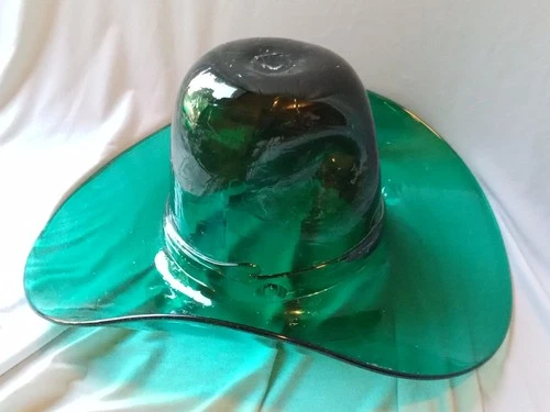2002 Blenko Handcraft Green Glass Large Stetson Cowboy Hat Ice Bucket Rare