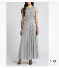 Pisarro Nights Gray Beaded Mesh Maxi Dress Formal Wedding Guest Gown Sz 2 Flaw