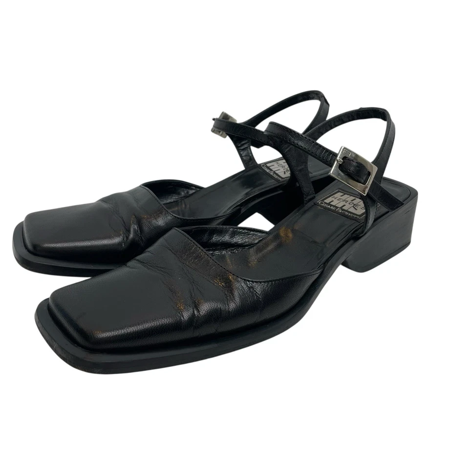 Vintage Cesare Paciotti Heroes Black Leather Square Toe Slingback Heels EU 36.5 - Image 2 of 4