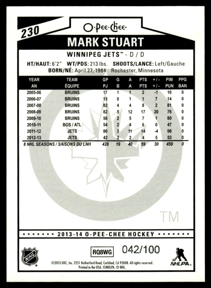 2013-14 O-Pee-Chee Black Rainbow Mark Stuart 042/100 Winnipeg Jets #230 - Image 2 of 2