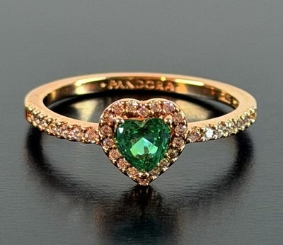 Pandora Sparkling Elevated Heart Ring 14K Rose Gold Plated Green Size 9 box #806