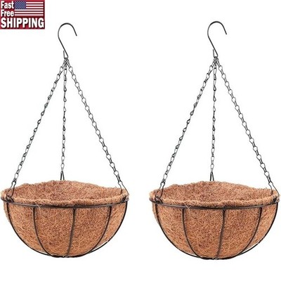 Metal Hanging Planter W/ Coco Coir Liners Decorative Flower Basket 2-Pack New