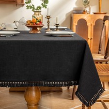 AmHoo Linen Tablecloth Table Cloth Stitching Tassel Rectangle Decorative Natural