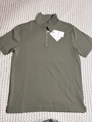 REISS Mens Textured Green 1/4 Zip Polo Shirt Mens Medium Premium Athleisure
