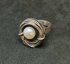 925 Sterling Wrapped Wire Pearl Ring 19.5mm Sz 6.5 - 6.82g