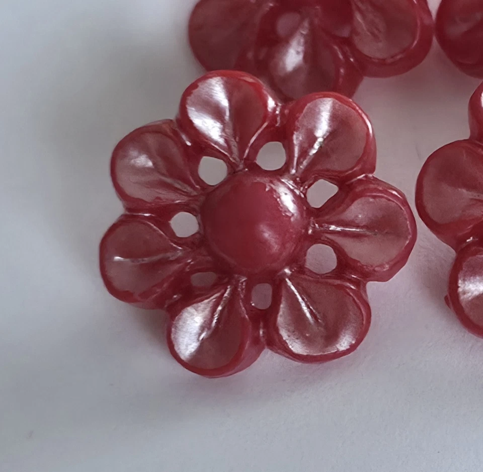 Vintage Molded Box Shank Buttons Floral Pierced Plastic Pearlescent Red 4pcs  - Image 2 of 4