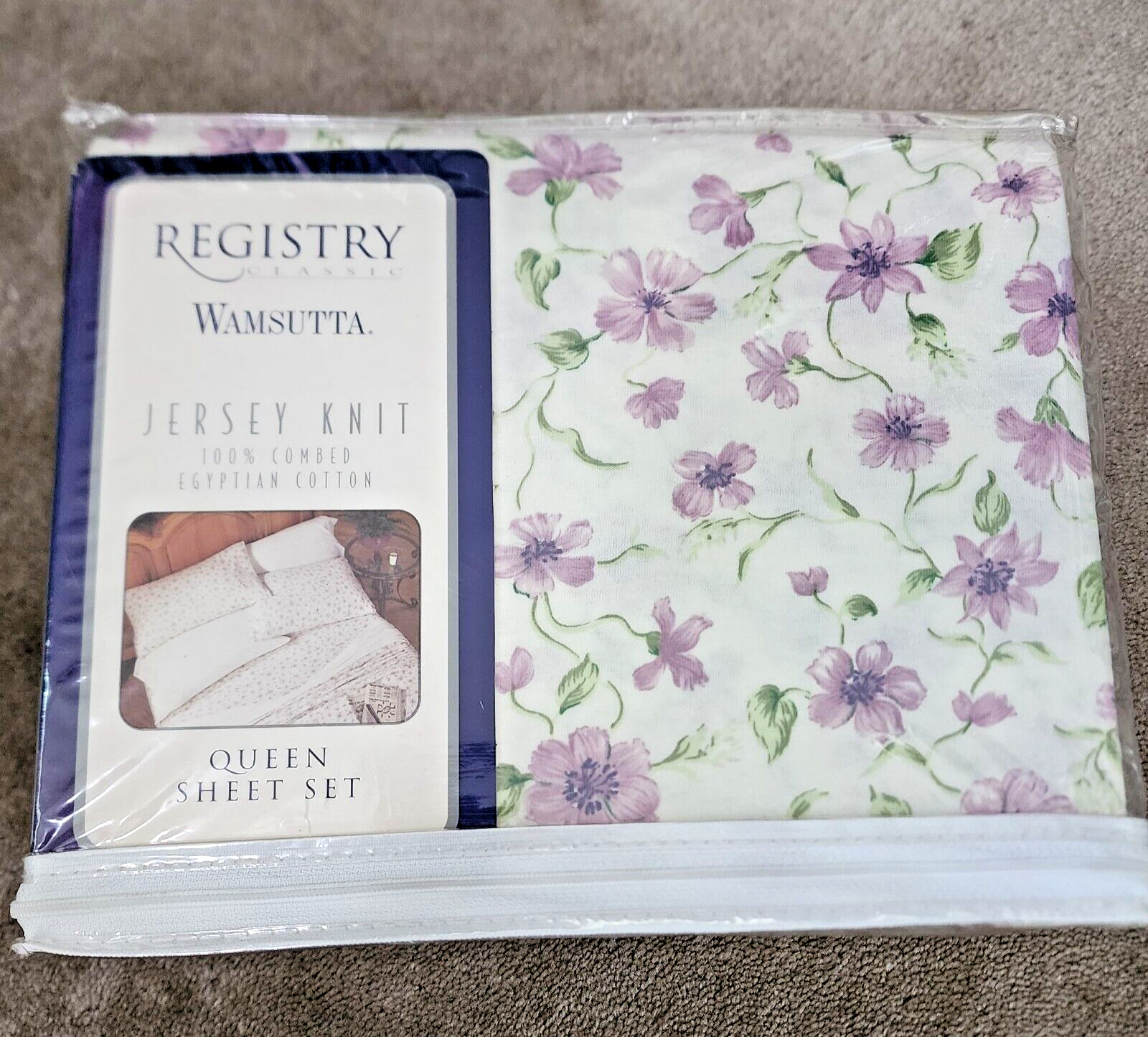 Wamsutta Queen Sheet Set 100% Combed Egyptian Cotton Jersey Knit Violet Floral