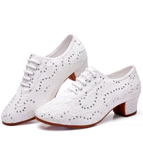 Lady Ballroom Dance Shoes Lace Sequins Latin Waltz Tango Soft Outsole White - Picture 5 of 13
