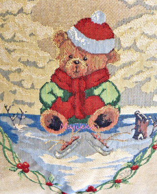Rolande Du Dreuilh Teddy Bear Skater Pillow Alpine Chalet France 18x18'' Square 
