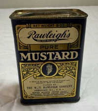 Antique Advertising Tin, Rawleigh’s Pure Mustard, 8 Oz., Half Full, Navy Blue