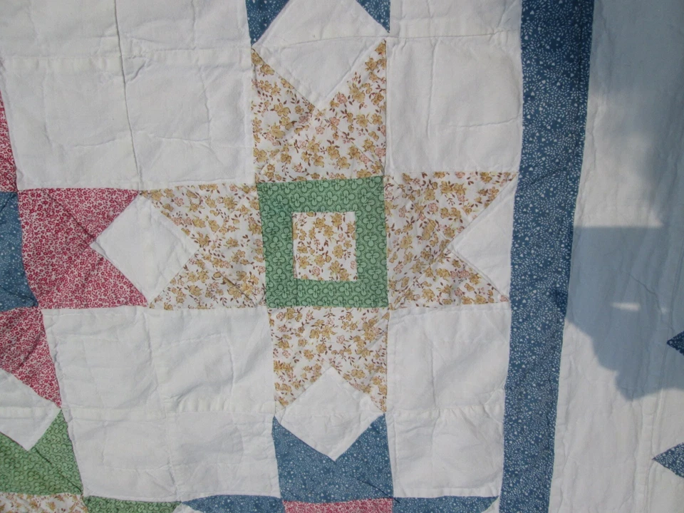 VINTAGE PATCHWORK MORAVIAN STAR QUILT BLOCK BED SUMMER COTTON SAW TOOTH BORDER - Image 3 of 4