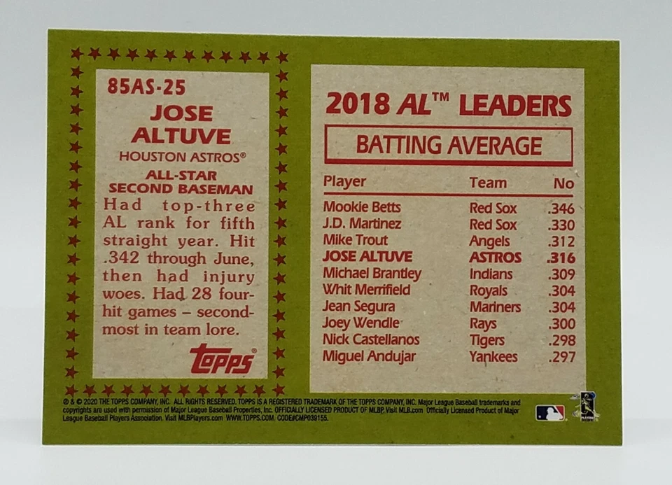 2020 Topps Series 2 Jose Altuve 35th All Star #85AS-25 Houston Astros 🔥🔥🔥 - Image 2 of 2