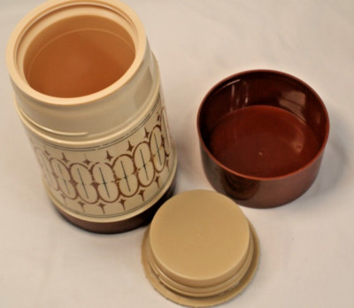 VINTAGE Aladdin Thermos Plastic Pint Wide Mouth Brown Tan  7.5  Tall With Lid