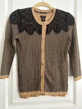 Ann Taylor Sweater Set Light Brown with Black Lace Accent Soft and Luxurious XS