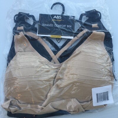  NEW  ABS by Allen Schwartz Seamless Comfort Bras, 2 Pack; Black/Nude; Size 3X 