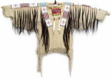 Old American Handmade Beige Buckskin Suede Beaded Powwow Regalia War Shirt NW18