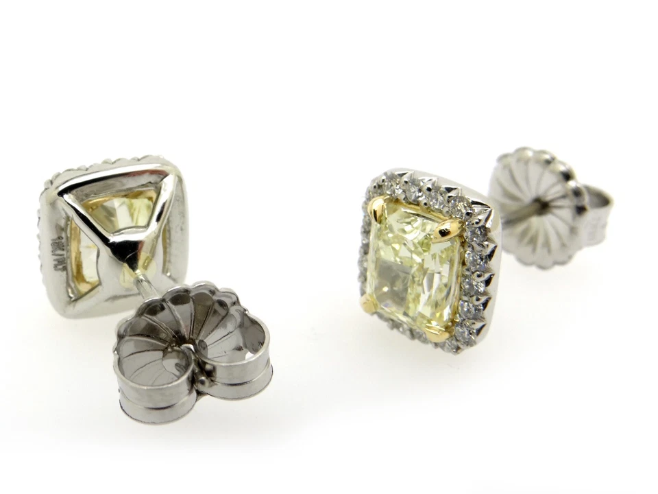 GIA Platinum 18k Gold 2.37ct Fancy Yellow Cushion Cut Diamond Halo Stud Earrings - Image 3 of 4