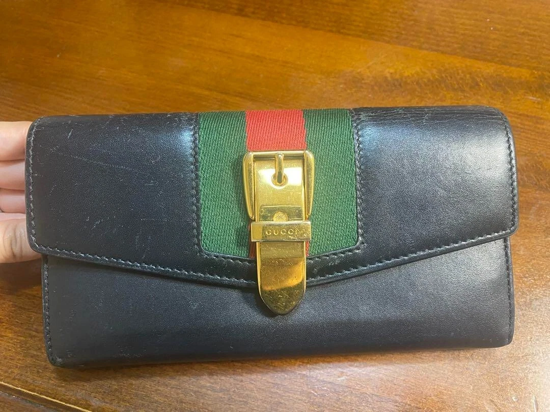 Authentique portefeuille long Gucci Sylvie Sherry Line ceinture dorée cuir noir rouge vert