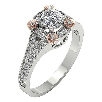 Solitaire Halo Ring Two-Tone Gold Natural Round Cut Diamond I1 G 1.25 Ct 9.60MM