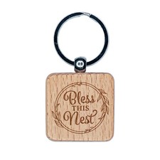 Bless This Nest Leaf Frame Detail Engraved Wood Square Keychain Tag Charm